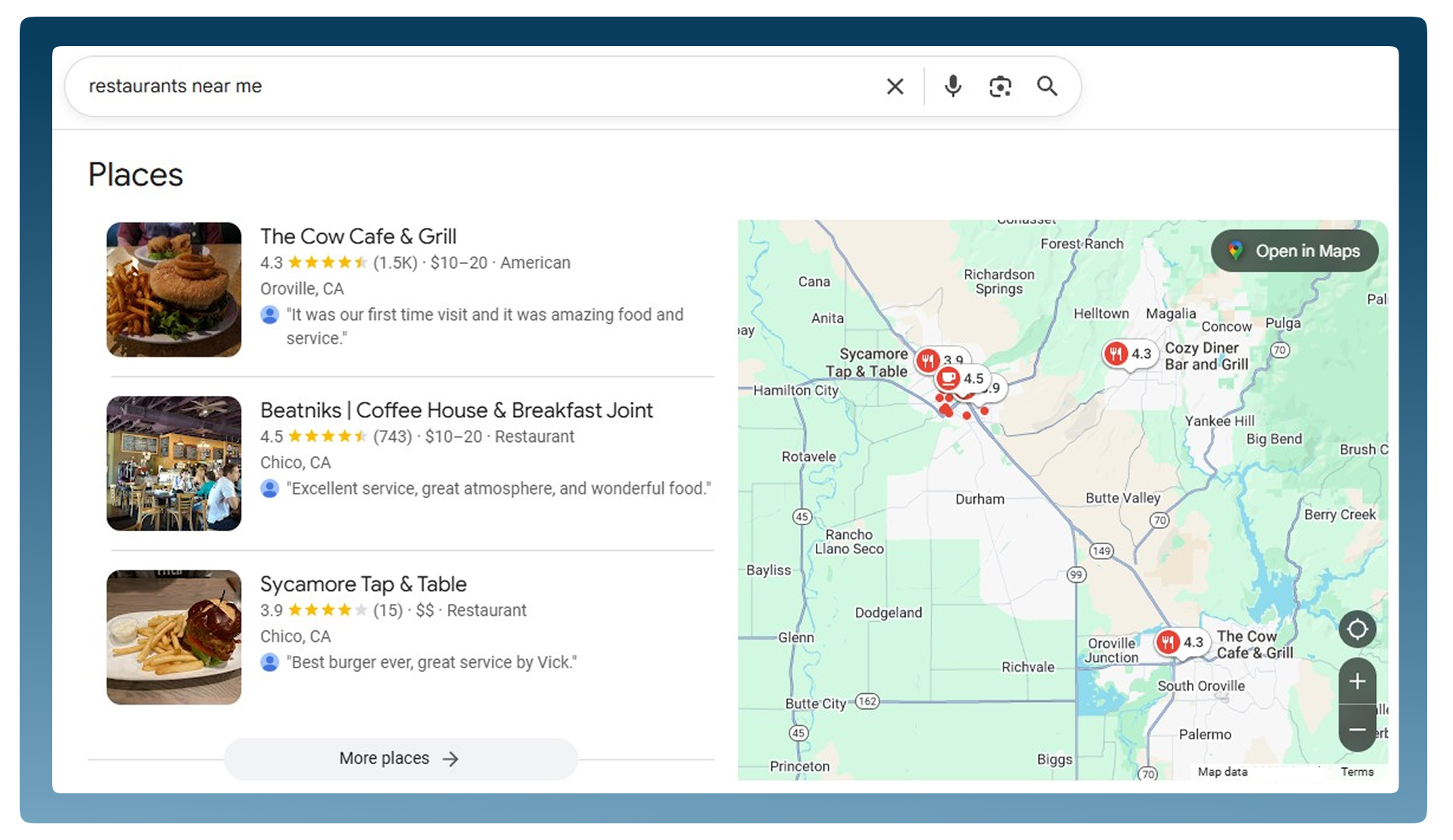 Google search showing nearby restaurants