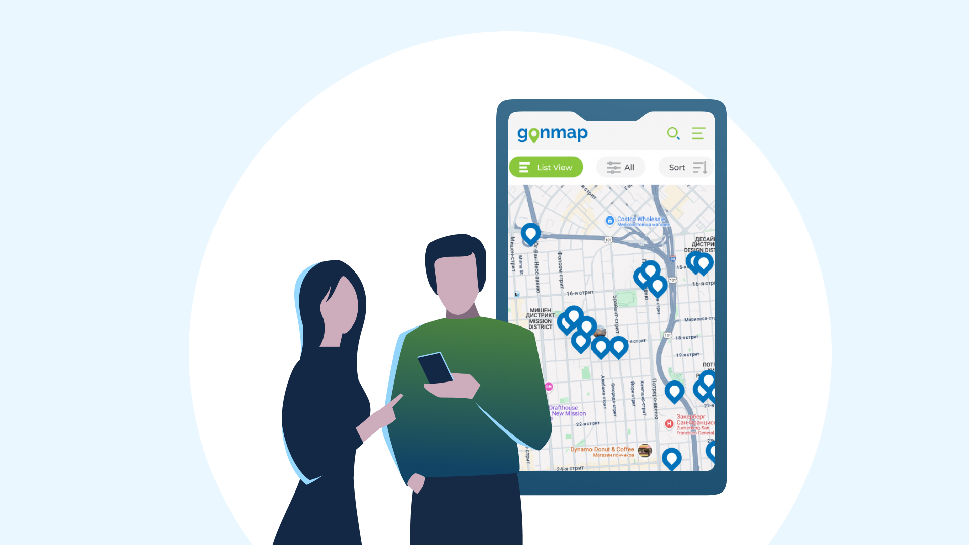 Couple using GONMAP on a phone