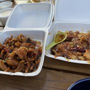 Spicy Crispy Chicken (left), and "Dry Braised Chicken," (right), greasy, breaded and identical other than the sauce.