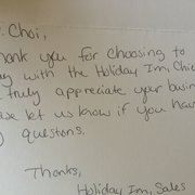 Hand written thank you note from the Sales Coordinator. Very nice touch.
