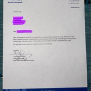 Letter from Valley Oak VCA.