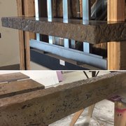 Concrete fireplace mantel with hand chiseled edges.