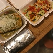 Chimichanga, Carnitas burrito, two loaded fish tacos