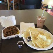 Keema Matar with rice, Papadums with mango chutney, Iced Masala Chai