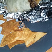 Burnt chips and dry, tasteless burrito.