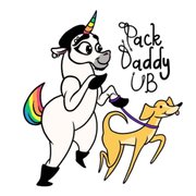 Pack Daddy UB - a rainbow unicorn walking a noodle dog