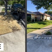 Front lawn makeover with some beautiful rock and plants designed to thrive year round.