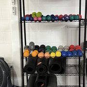 weights, mats, and exercise balls provided