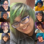 Vivid hair color and emo cut.