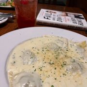 Hand-Made Ravioli. Meat filled, 4 cheese sauce. Shirley Temple. Let's Go.