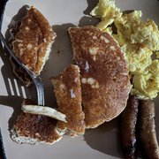 Pancake and eggs with sausage. Excellent.