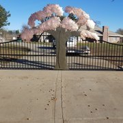 Custom Driveway Gate with Forged Steel Tree Truck and Embossed Copper Oak Leaf Canopy