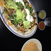 Nachos and a side of Spanish rice.