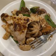 Hibachi style octopus  chicken  pork, raw shrimp good al dente green beans, etc.