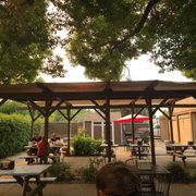 people sitting at picnic tables under a canopy