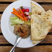 Black chickpea hummus plate with both flatbread and veggies (wife already grabbed a piece of flatbread) was good. $19 April 2021