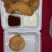 Burger and chicken strip basket.