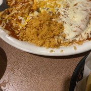 Combination Chile Relleno and Chicken Tamale wit sides.