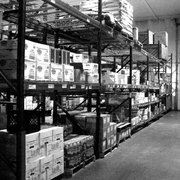 a black and white photo of a warehouse