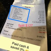 What we got & what we paid~ Bring cashola if you want to save 3% on your bill :)