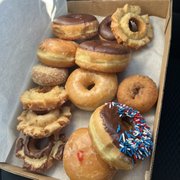 Dozen Donuts in flat box: Strawberry Jelly, Chocolate, Old Fashioned, Crumb...