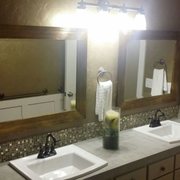 Guest bathroom backsplash with portland silver courter tops and mosaic
