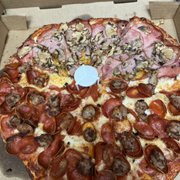 1/2 pepperoni and sausage, 1/2 canadian bacon and mushroom.