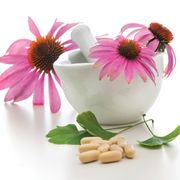 a mortar with pills and flowers