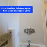 New tub/shower valve installation with NO unnecessary wall repairs. We use the Moen remodel cover plate to access piping in the shower wall.