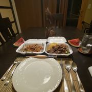 Thai BBQ Pork w pineapple fried rice and fried red snapper w garlic