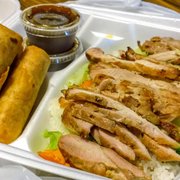 Teriyaki chicken bowl with egg rolls