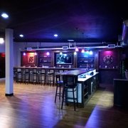 a bar with stools