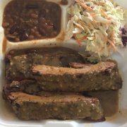 Rib combo, Carolina mustard sauce. Beans and traditional cole slaw.
