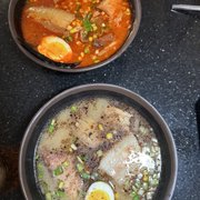 Black garlic ramen and tonkotsu ramen (with chili oil)