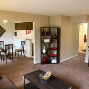 Living area looking towards hallway and kitchen/dining area
