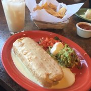 California Chimichanga (whole), Horchata, and the free chips and salsa