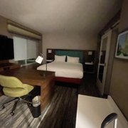 View from the door: one king bed and a sofa bed separated by a desk & chair.