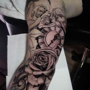 Rose tattoo, pocket watch tattoo, angel tattoo