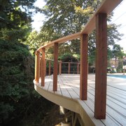 a wooden deck with railings