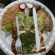 Two chicken enchiladas. Very good as usual.