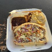Pulled pork sandwich, combo with sweet beans and mac & cheese.