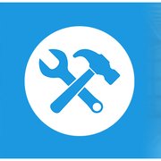 a blue background with a hammer and wrenches