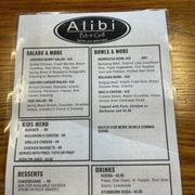 Alibi's Bar and grill soft opening menu. Did not get to stay and eat but thought this would be helpful if you are planning to visit.