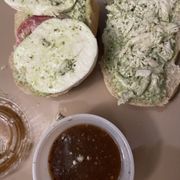thick mozzarella. dressing on the side. plenty of pesto chicken.