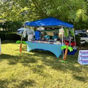 a blue tent set up in a yard