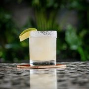 a margarita with a lime wedge