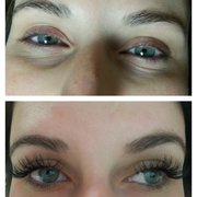Before and after photo of individual eyelash extensions