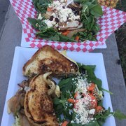 Patty melt, grilled mushrooms, caramelized onions and cheese goodness! Black Kettle salad with turkey!!