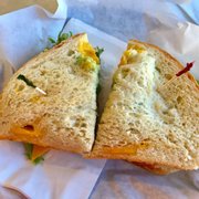Vegetarian sandwich with roasted garlic cheddar bread! So fresh!