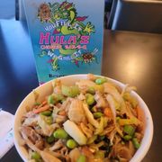Veggies and chicken bowl, gluten- free sauces before they brought me fresh rice